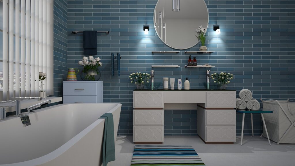 WD006 - Big Bathroom Design with Blue Tiles and a Bathtub - inhouseinterior.com