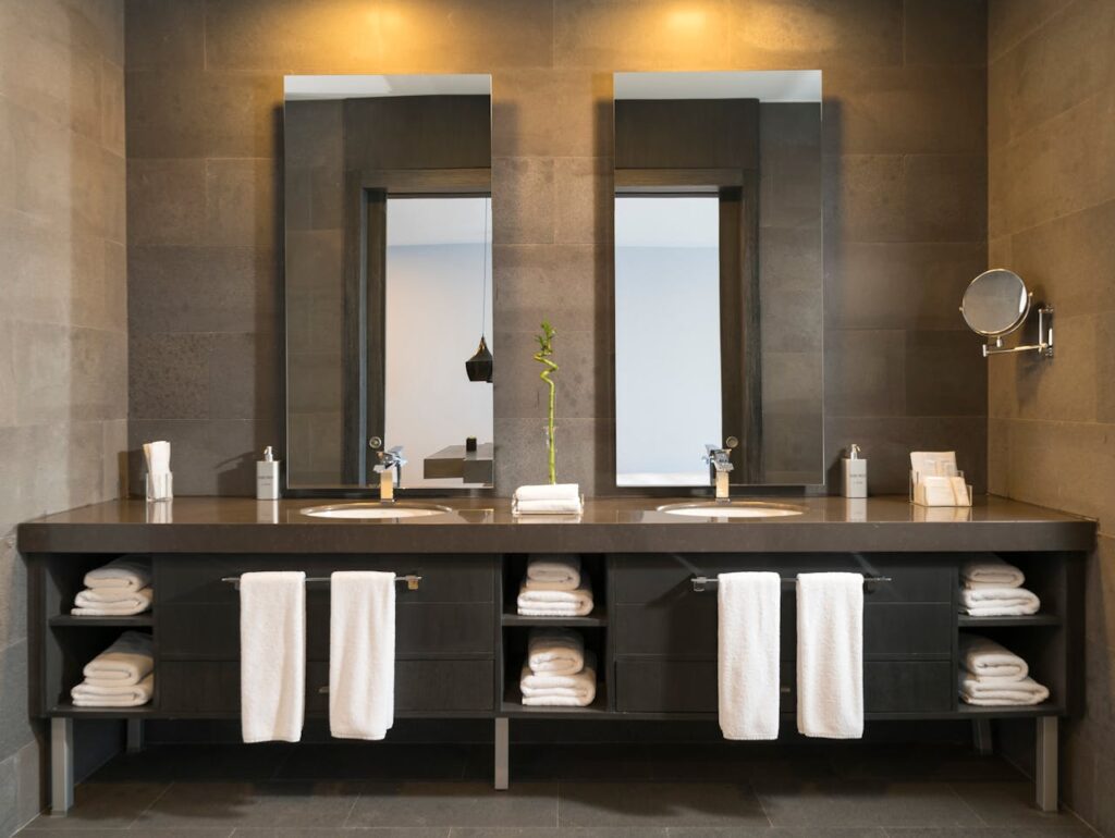 WD005 - Modern Black & Grey Washroom Design with Double Basin and Storage Units inhouseinterior.com